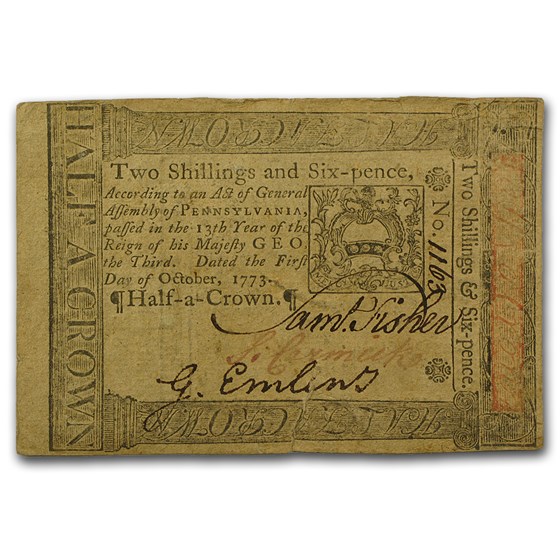 1773 2 Shillings/6 Pence Pennsylvania 10/1/1773 VF (Fr#PA-165) 1773 2 Shillings/6 Pence Pennsylvania 10/1/1773 VF (Fr#PA-165)