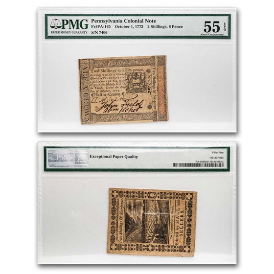 1773 2 Shillings 6P Pennsyl 10/1/1773 AU-55 EPQ PCGS (Fr#PA-165) 1773 2 Shillings 6P Pennsyl 10/1/1773 AU-55 EPQ PCGS (Fr#PA-165)