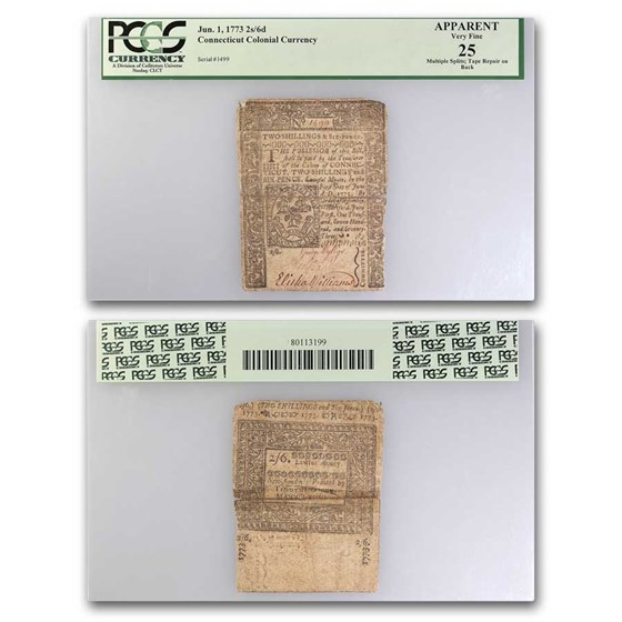1773 2 Shillings Six Pence Conn 6/1/73 VF-25 PCGS Fr#CT-169 Appar 1773 2 Shillings Six Pence Conn 6/1/73 VF-25 PCGS Fr#CT-169 Appar