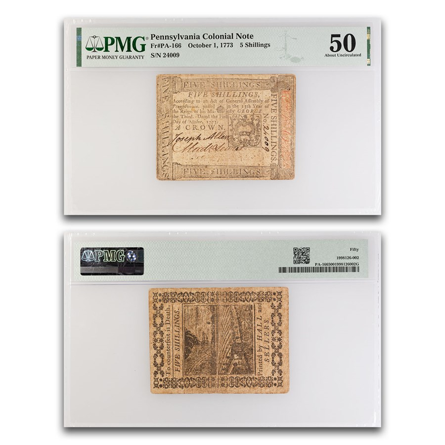 1773 5 Shillings Pennsylvania 10/1/1773 AU-50 PMG (Fr#PA-166)