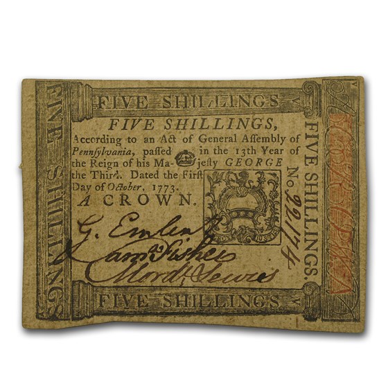 1773 5 Shillings Pennsylvania 10/1/1773 XF (Fr#PA-166) 1773 5 Shillings Pennsylvania 10/1/1773 XF (Fr#PA-166)