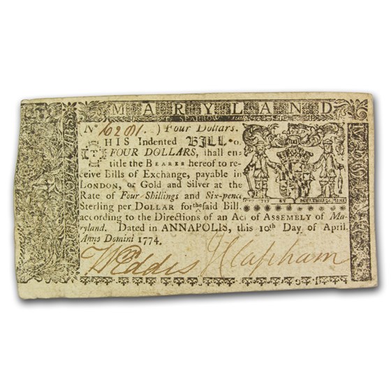 1774 $4 Maryland Currency 4/10/1774 XF 1774 $4 Maryland Currency 4/10/1774 XF