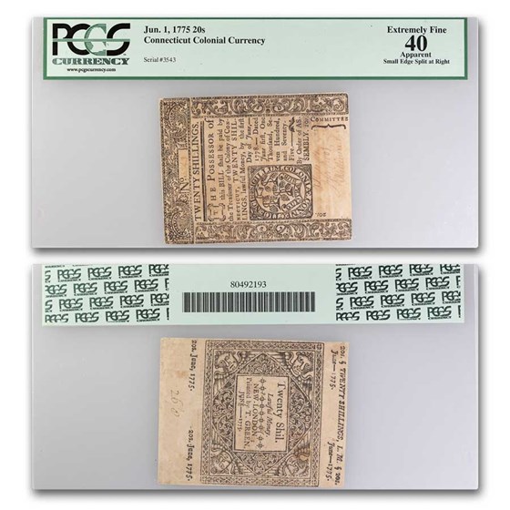 1775 20 Shillings Connecticut 6/1/75 XF-40 PCGS (Fr#CT-186) Appar 1775 20 Shillings Connecticut 6/1/75 XF-40 PCGS (Fr#CT-186) Appar
