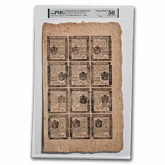 1775 3/4/6/9 Pence PA 10/25/1775 AU-50 PMG (Fr#PA-181-184) 1775 3/4/6/9 Pence PA 10/25/1775 AU-50 PMG (Fr#PA-181-184)