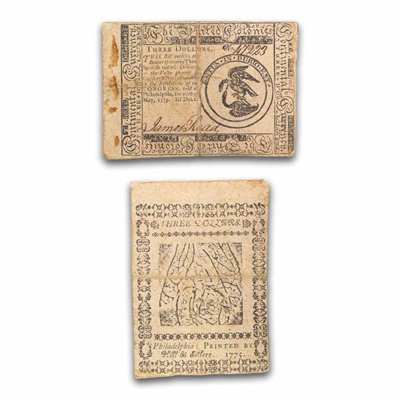 1775 $3 Continental Currency 5/10/75 VF+ (Fr#CC-3) 1775 $3 Continental Currency 5/10/75 VF+ (Fr#CC-3)
