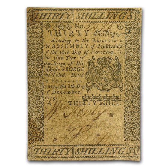 1775 30 Shillings Pennsylvania 12/8/1775 VF+ (Fr#PA-195) 1775 30 Shillings Pennsylvania 12/8/1775 VF+ (Fr#PA-195)