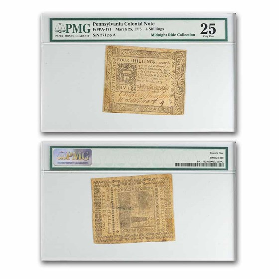1775 4 Shillings Pennsylvania 3/25/1775 VF-25 PMG (Fr#PA-171)