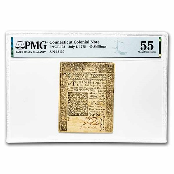 1775 40 Shillings Connecticut 7/1/1775 AU-55 PMG (Fr#CT-193) 1775 40 Shillings Connecticut 7/1/1775 AU-55 PMG (Fr#CT-193)