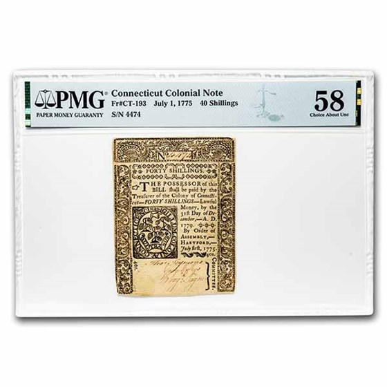 1775 40 Shillings Connecticut 7/1/1775 AU-58 PMG (Fr#CT-193) 1775 40 Shillings Connecticut 7/1/1775 AU-58 PMG (Fr#CT-193)