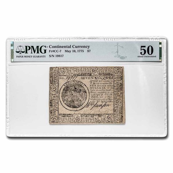 1775 $7 Continental Curr. 5/10/75 AU-50 PMG (Fr#CC-7) 1775 $7 Continental Curr. 5/10/75 AU-50 PMG (Fr#CC-7)
