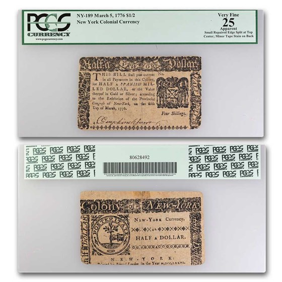 1776 $1/2 New York 3/5/1776 VF-25 PCGS (Fr#NY-189) Apparent 1776 $1/2 New York 3/5/1776 VF-25 PCGS (Fr#NY-189) Apparent