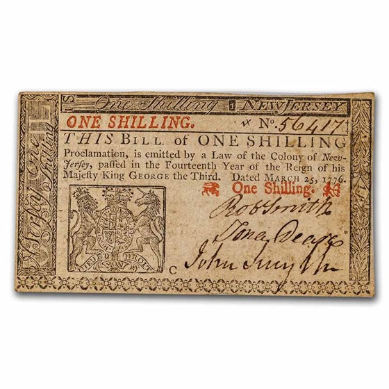 1776 1 Shilling New Jersey 3/25/1776 CU (Fr#NJ-175) 1776 1 Shilling New Jersey 3/25/1776 CU (Fr#NJ-175)