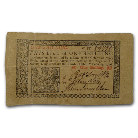 1776 1 Shilling New Jersey Currency 3/25/1776 XF+ 1776 1 Shilling New Jersey Currency 3/25/1776 XF+