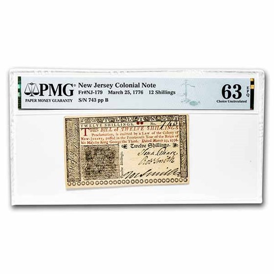 1776 12 Shillings NJ 3/25/1776 CH CU-63 EPQ PMG (Fr#NJ-179) 1776 12 Shillings NJ 3/25/1776 CH CU-63 EPQ PMG (Fr#NJ-179)
