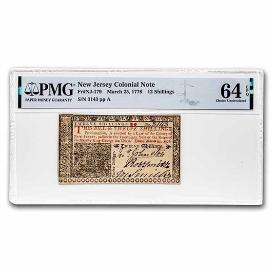 1776 12 Shillings NJ 3/25/1776 CH CU-64 EPQ PMG (Fr#NJ-179) 1776 12 Shillings NJ 3/25/1776 CH CU-64 EPQ PMG (Fr#NJ-179)