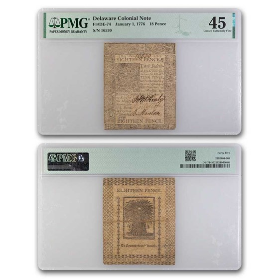 1776 18 Pence Delaware 1/1/1776 XF-45 PMG (Fr#DE-74) 1776 18 Pence Delaware 1/1/1776 XF-45 PMG (Fr#DE-74)