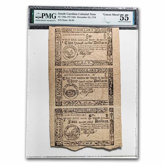 1776 $2-$4 SC Uncut Sheet 12/23/1776 AU-55 PMG (SC-136a-137-138a) 1776 $2-$4 SC Uncut Sheet 12/23/1776 AU-55 PMG (SC-136a-137-138a)