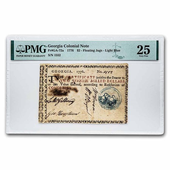 1776 $2 Georgia Floating Jugs Light Blue VF-25 PMG (Fr#GA-72a) 1776 $2 Georgia Floating Jugs Light Blue VF-25 PMG (Fr#GA-72a)