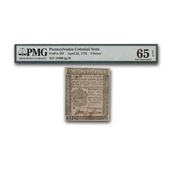 1776 3 Pence Pennsylvania 4/25/1776 CU-65 EPQ PMG 1776 3 Pence Pennsylvania 4/25/1776 CU-65 EPQ PMG