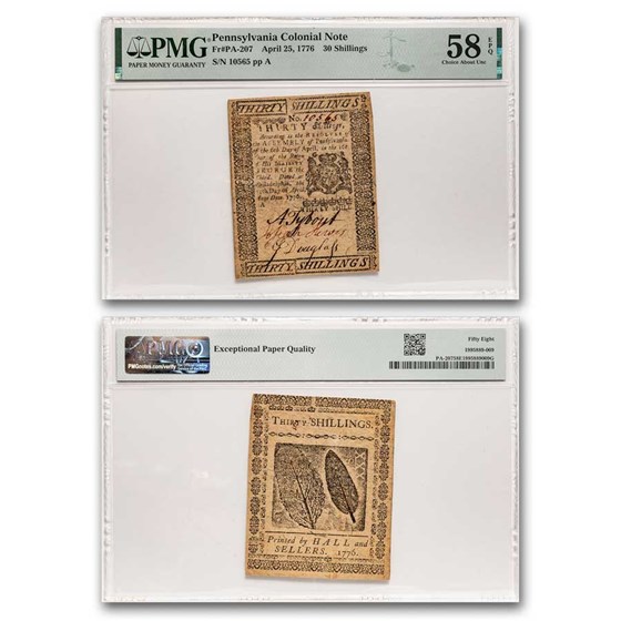 1776 30 Shillings Pennsylvania 4/25/1776 AU-58 EPQ PMG(Fr#PA-207) 1776 30 Shillings Pennsylvania 4/25/1776 AU-58 EPQ PMG(Fr#PA-207)