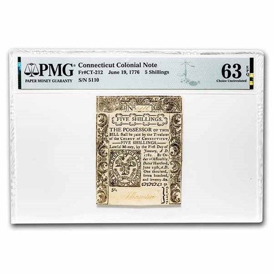 1776 5 Shillings Connecticut 6/19/1776 CU-63 EPQ PMG (Fr#CT-212) 1776 5 Shillings Connecticut 6/19/1776 CU-63 EPQ PMG (Fr#CT-212)