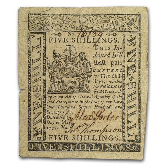Buy 1776 5 Shillings Delaware Currency 1/5/1776 Ch VF APMEX