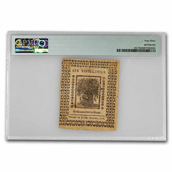 1776 6 Shillings Delaware 1/1/1776 CH CU-63 PMG (Fr#DE-78) 1776 6 Shillings Delaware 1/1/1776 CH CU-63 PMG (Fr#DE-78)