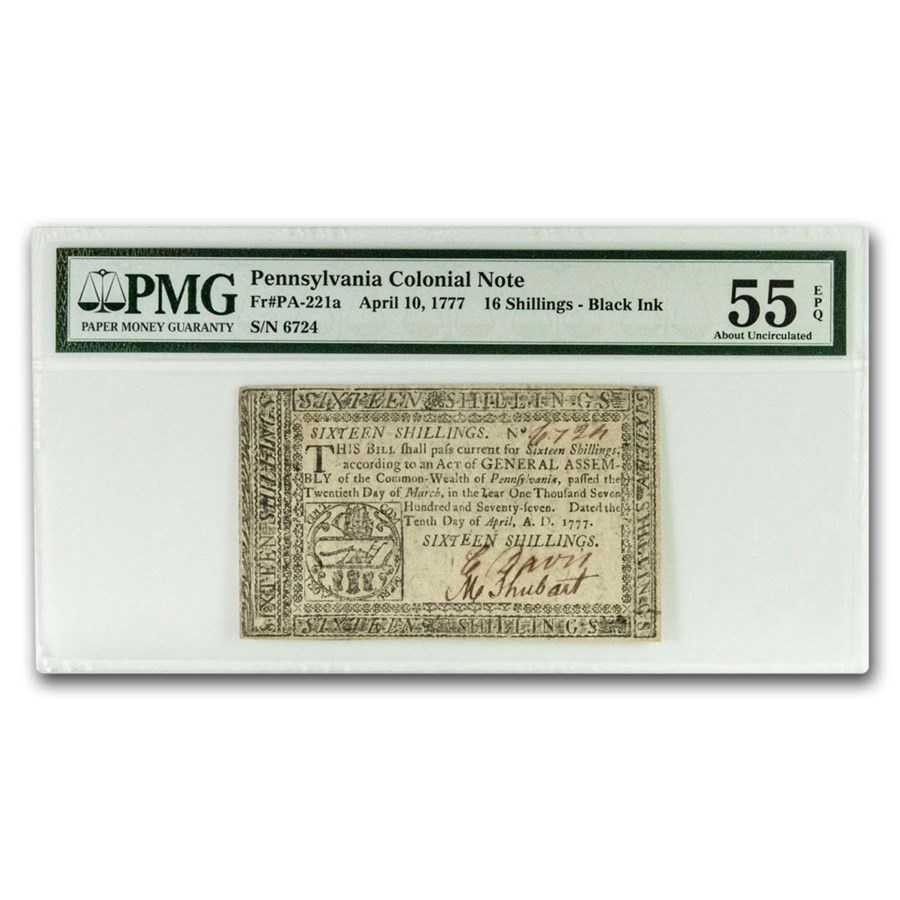 Buy 1777 16 Shillings Pennsylvania Currency 4/10/77 AU55 EPQ PMG APMEX