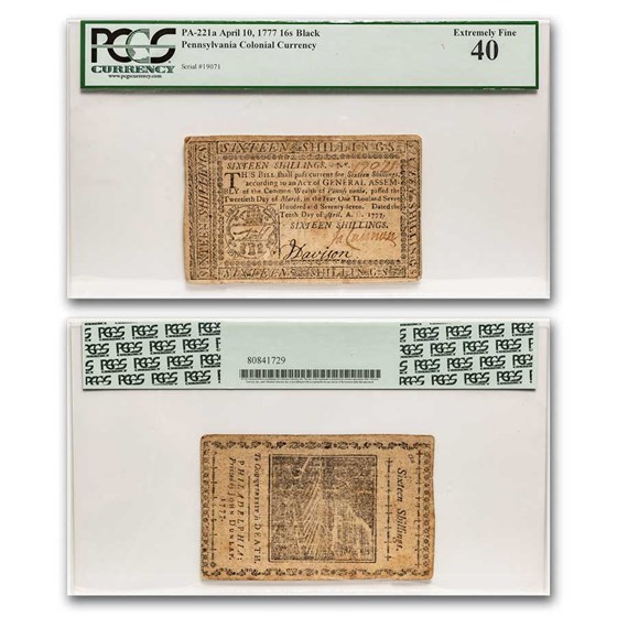 1777 16 Shillings Pennsylvania 4/10/77 XF-40 PCGS (Fr#PA-221a) 1777 16 Shillings Pennsylvania 4/10/77 XF-40 PCGS (Fr#PA-221a)