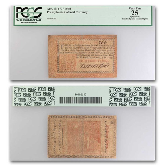 1777 18 Pence Pennsylvania 4/10/1777 VF-25 PCGS (Fr#PA-214b) Appa 1777 18 Pence Pennsylvania 4/10/1777 VF-25 PCGS (Fr#PA-214b) Appa