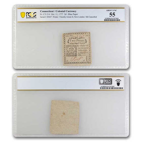 1777 2 Pence Connecticut 10/11/77 AU-55 PCGS (Fr#CT-214) 1777 2 Pence Connecticut 10/11/77 AU-55 PCGS (Fr#CT-214)