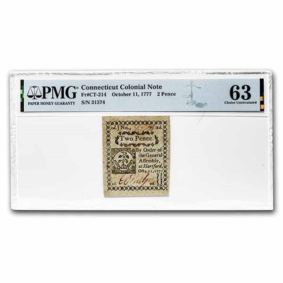1777 2 Pence Connecticut 10/11/77 Choice CU-63 PMG (Fr#CT-214) 1777 2 Pence Connecticut 10/11/77 Choice CU-63 PMG (Fr#CT-214)
