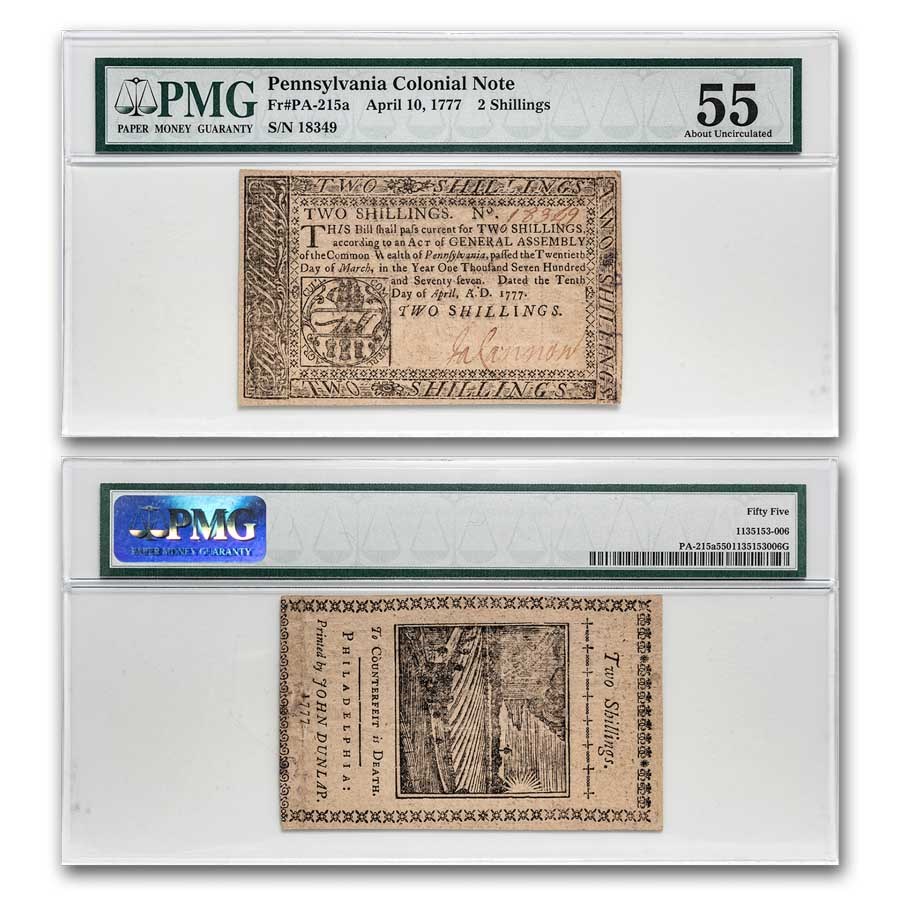 1777 2 Shillings Pennsylvania 4/10/1777 AU-55 PMG (Fr#PA-215a)