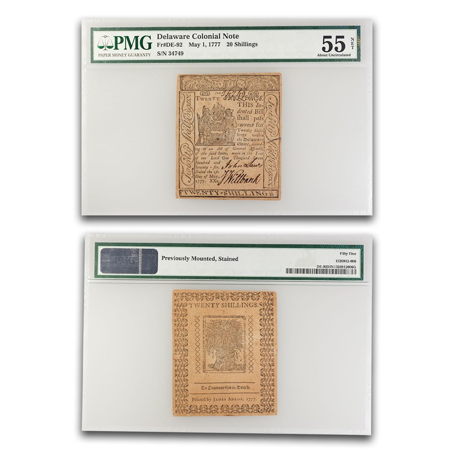 1777 20 Shillings Delaware 5/1/1777 AU-55 PMG (Fr#DE-92) NET