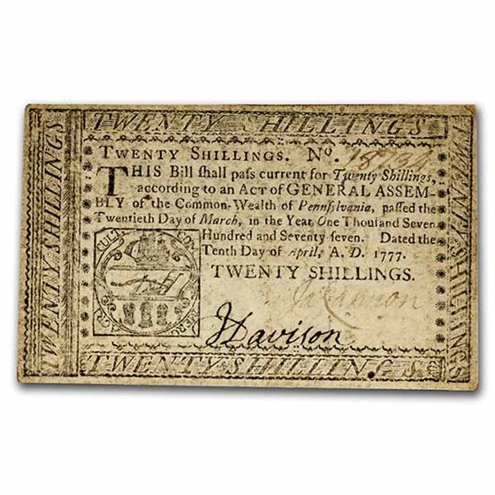 1777 20 Shillings Pennsylvania 4/10/1777 AU (Fr#PA-222a) 1777 20 Shillings Pennsylvania 4/10/1777 AU (Fr#PA-222a)