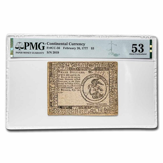1777 $3 Continental Curr. 2/26/77 AU-53 PMG (Fr#CC-56) 1777 $3 Continental Curr. 2/26/77 AU-53 PMG (Fr#CC-56)