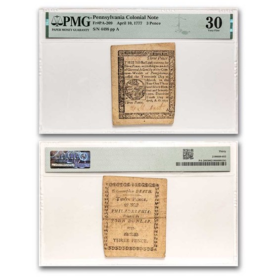 1777 3 Pence Pennsylvania 4/10/1777 CH VF-30 PMG (Fr#PA-209) 1777 3 Pence Pennsylvania 4/10/1777 CH VF-30 PMG (Fr#PA-209)