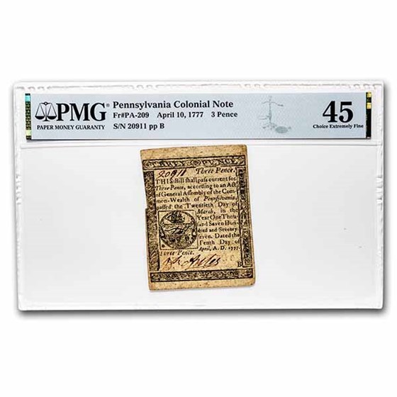 1777 3 Pence Pennsylvania 4/10/1777 CH XF-45 PMG (Fr#PA-209) 1777 3 Pence Pennsylvania 4/10/1777 CH XF-45 PMG (Fr#PA-209)