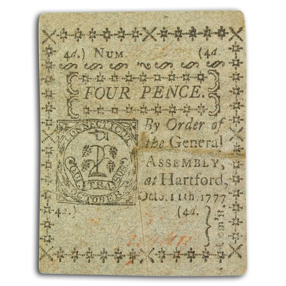 1777 4 Pence Connecticut 10/11/77 AU (Fr#CT-216) Cut Cancelled 1777 4 Pence Connecticut 10/11/77 AU (Fr#CT-216) Cut Cancelled