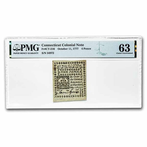 1777 4 Pence Connecticut 10/11/77 CU-63 PMG (Fr#CT-216) 1777 4 Pence Connecticut 10/11/77 CU-63 PMG (Fr#CT-216)