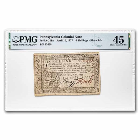 1777 6 Shillings Pennsylvania 4/10/77 XF-45 PMG (Fr#PA-218b) 1777 6 Shillings Pennsylvania 4/10/77 XF-45 PMG (Fr#PA-218b)