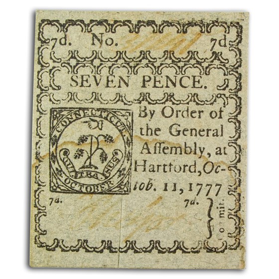 1777 7 Pence Connecticut 10/11/77 AU (Fr#CT-217) Cancelled 1777 7 Pence Connecticut 10/11/77 AU (Fr#CT-217) Cancelled