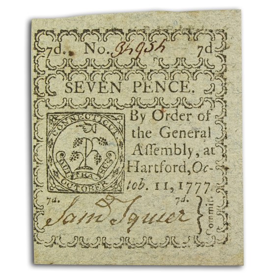 1777 7 Pence Connecticut 10/11/77 CU (Fr#CT-217) 1777 7 Pence Connecticut 10/11/77 CU (Fr#CT-217)