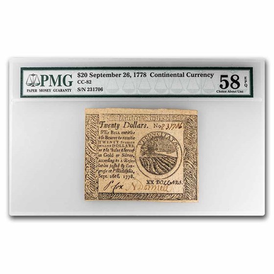1778 $20 Continental Currency 9/26/78 AU-58 EPQ PMG (Fr#CC-82) 1778 $20 Continental Currency 9/26/78 AU-58 EPQ PMG (Fr#CC-82)