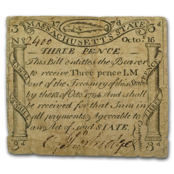 1778 3 Pence Massachusetts Codfish 10/16/1778 VF (Fr#MA-255) 1778 3 Pence Massachusetts Codfish 10/16/1778 VF (Fr#MA-255)
