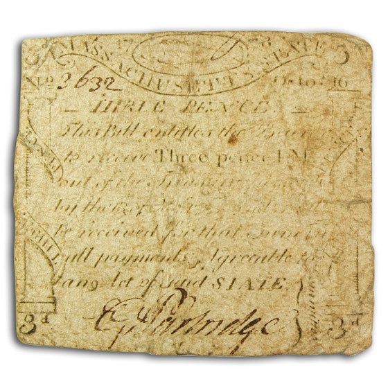 1778 3 Pence Massachusetts Codfish 10/16/1778 VG (Fr#MA-255) 1778 3 Pence Massachusetts Codfish 10/16/1778 VG (Fr#MA-255)