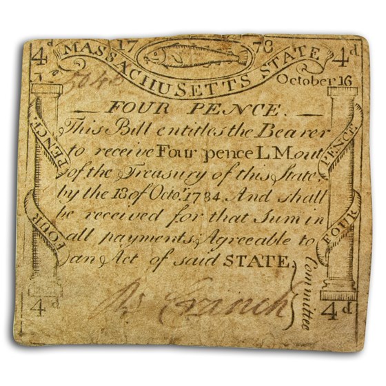 1778 4 Pence MA Codfish 10/16/1778 Fine (Fr#MA-256) 1778 4 Pence MA Codfish 10/16/1778 Fine (Fr#MA-256)