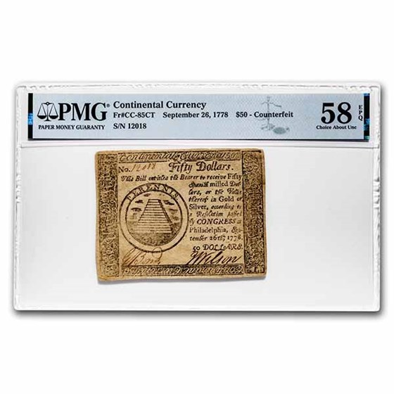 1778 $50 Continental 9/26/78 AU-58 EPQ PMG (Fr#CC-85) Counterfeit 1778 $50 Continental 9/26/78 AU-58 EPQ PMG (Fr#CC-85) Counterfeit