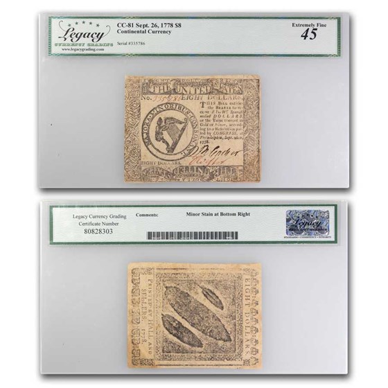 1778 $8 Continental Currency 9/26/78 XF-45 Legacy (Fr#CC-81) 1778 $8 Continental Currency 9/26/78 XF-45 Legacy (Fr#CC-81)