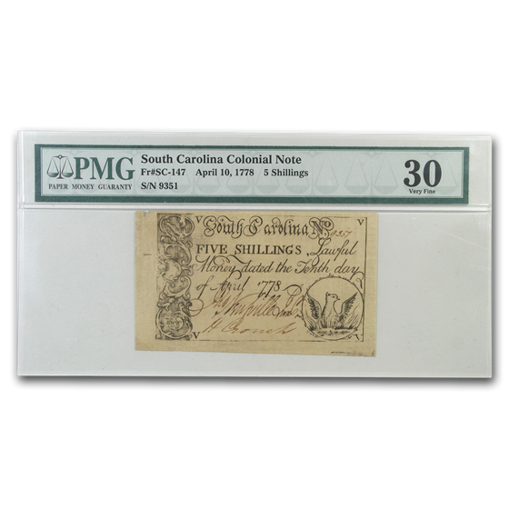1778 Five Shillings South Carolina Currency 4/10/1778 VF-30 PMG 1778 Five Shillings South Carolina Currency 4/10/1778 VF-30 PMG